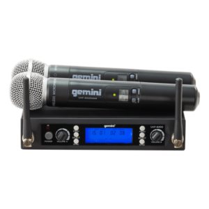 Micrófono Pro Inalámbrico UHF Doble Canal de Frecuencia Seleccionable  , FM  , 512.00 - 537.50 MHz, 80 m de Funcionamiento, 12 V, Pantalla LCD, 2 x XLR & 1/4" Jack   de Salida, 2 Mic. de Mano  , GEM