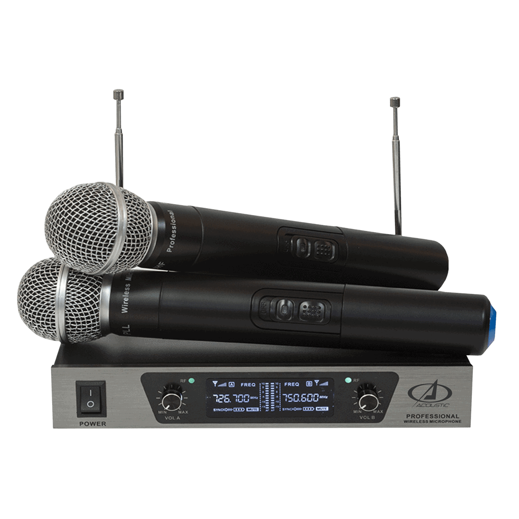 Micrófono Pro Inalámbrico UHF Doble Canal de Frecuencia Fija  , FM  , 45 m de Funcionamiento, 110 V, Pantalla LCD, 1/4" Jack   de Salida, 2 Mic. de Mano  , ACOUSTIC SN-W8002 796.7 MHZ-749.6 MHZ