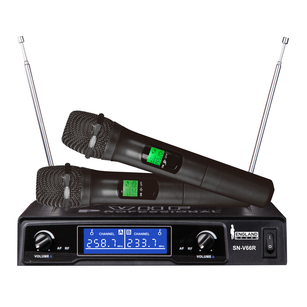 Micrófono Pro Inalámbrico VHF Doble Canal  , 110 V, Pantalla LCD, XLR & 1/4" Jack   de Salida, 2 Bodypack + Headset  , ENGLAND SOUND SN-V66R 171.90-175