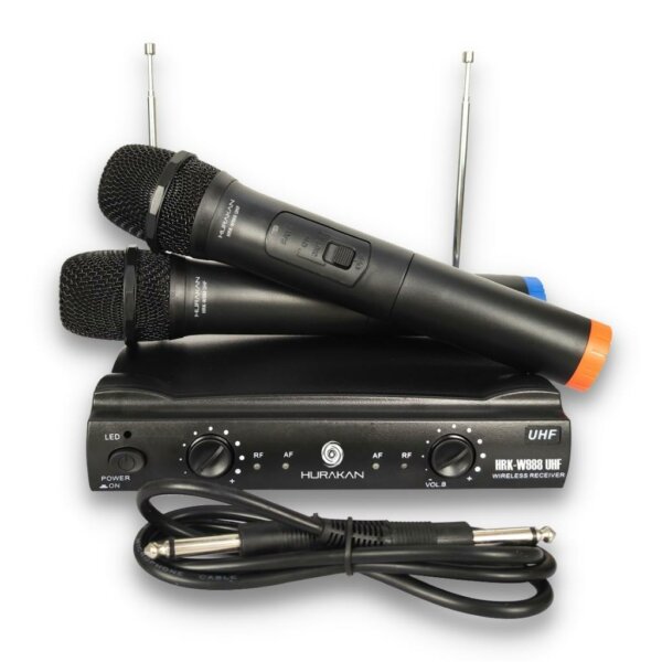 Micrófono Pro Inalámbrico UHF Doble Canal de Frecuencia Fija, HURAKAN HRK-W988 UHF