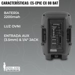 Caja Amplificada con Batería 8 pulg, 20.000W, England Sound, ES-EPIC CX08 BAT