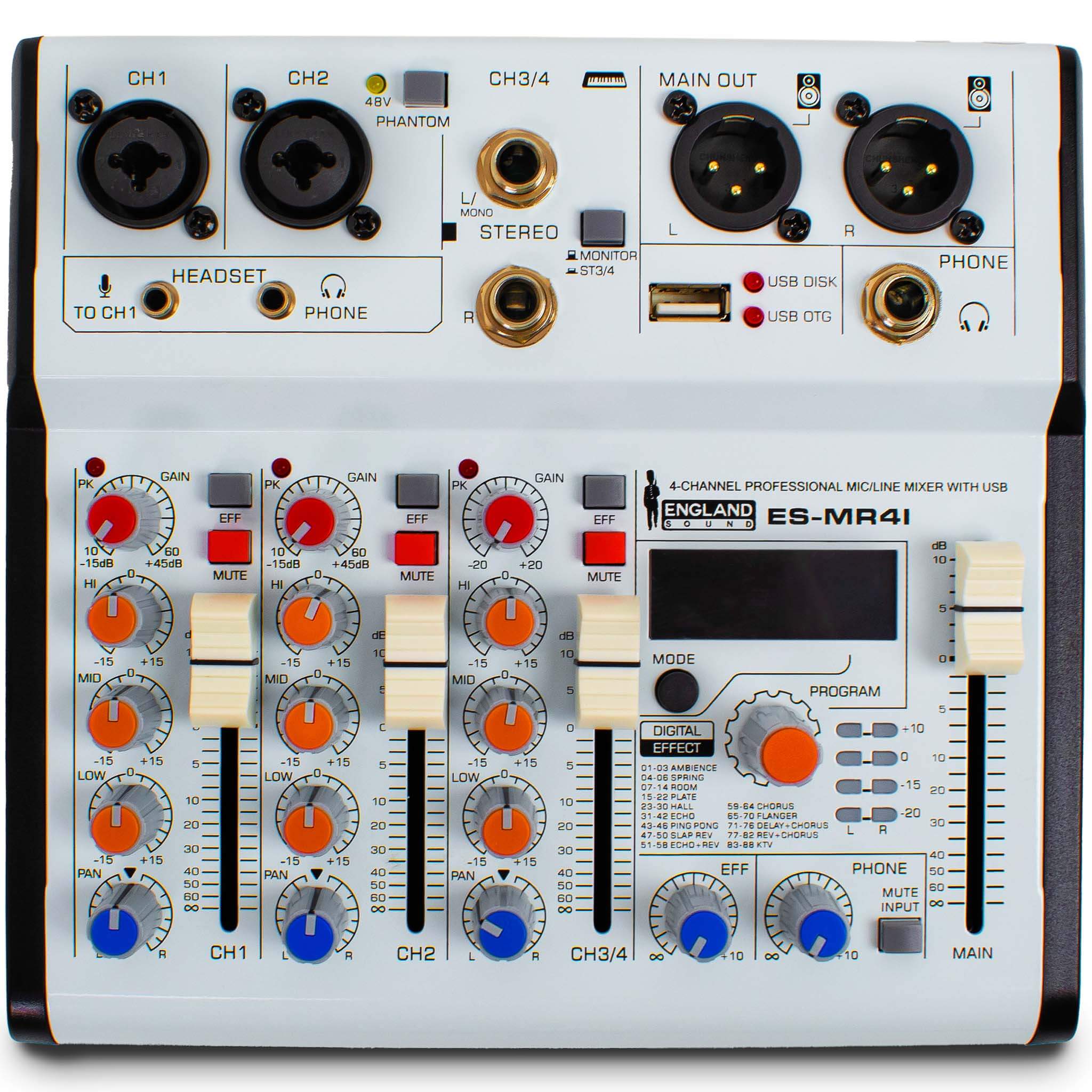 Consola de audio de 4 canales, Interfaz USB, Ecualizador de 2 bandas, England Sound, ES-MR4I