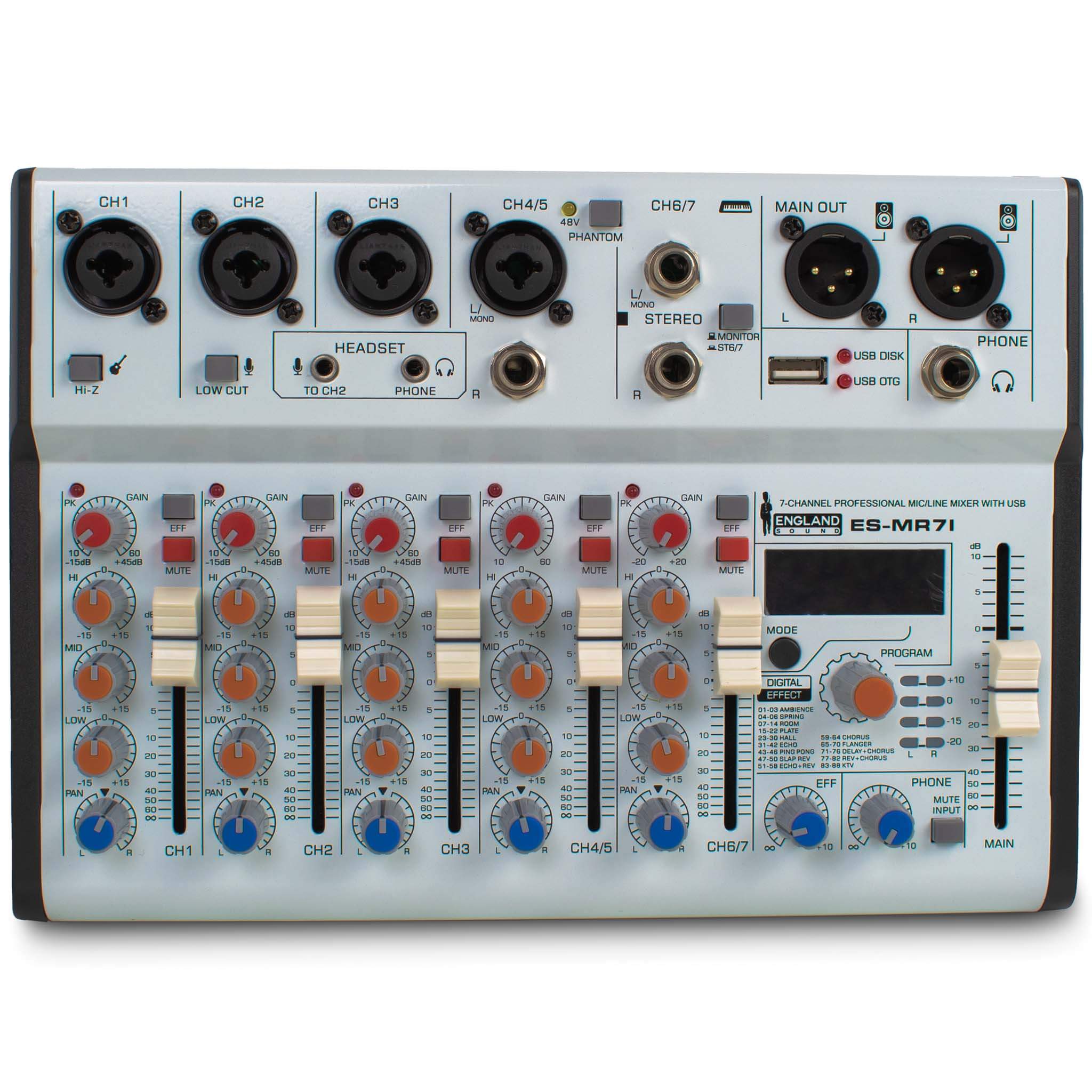 Consola de audio de 7 canales, Interfaz USB, Ecualizador de 2 bandas, England Sound, ES-MR7I